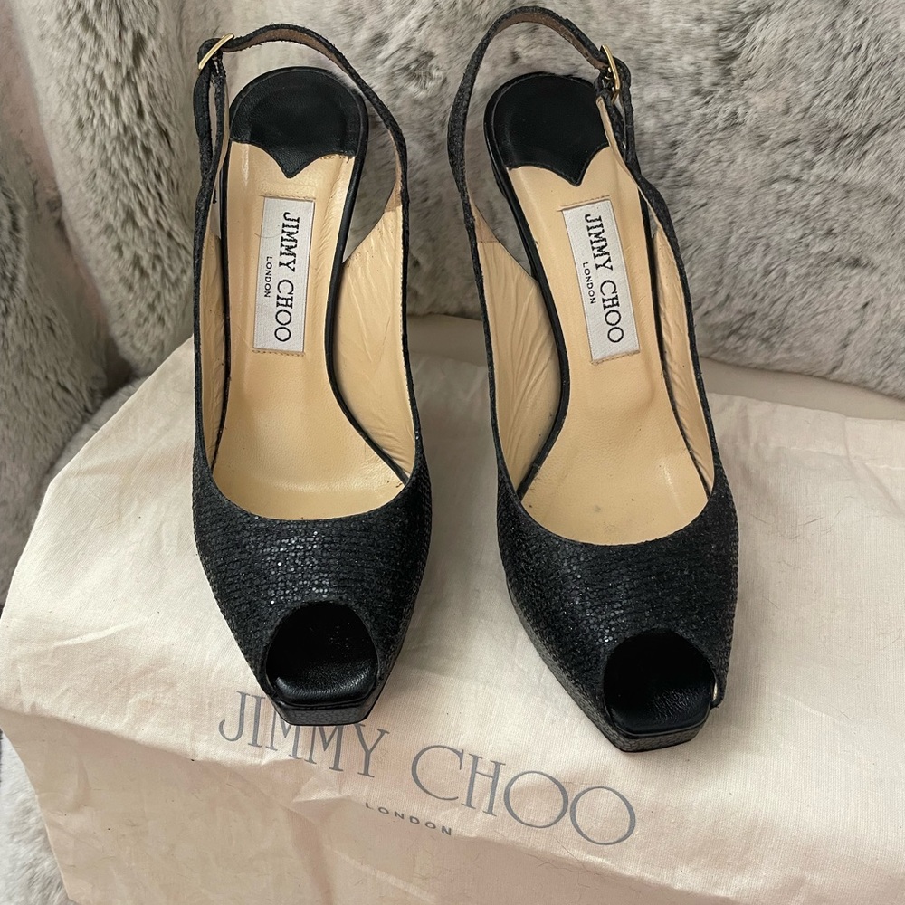Jimmy Choo Open Toe Platform Black Glitter Fabric Sandals - Size 37.5 worn once!